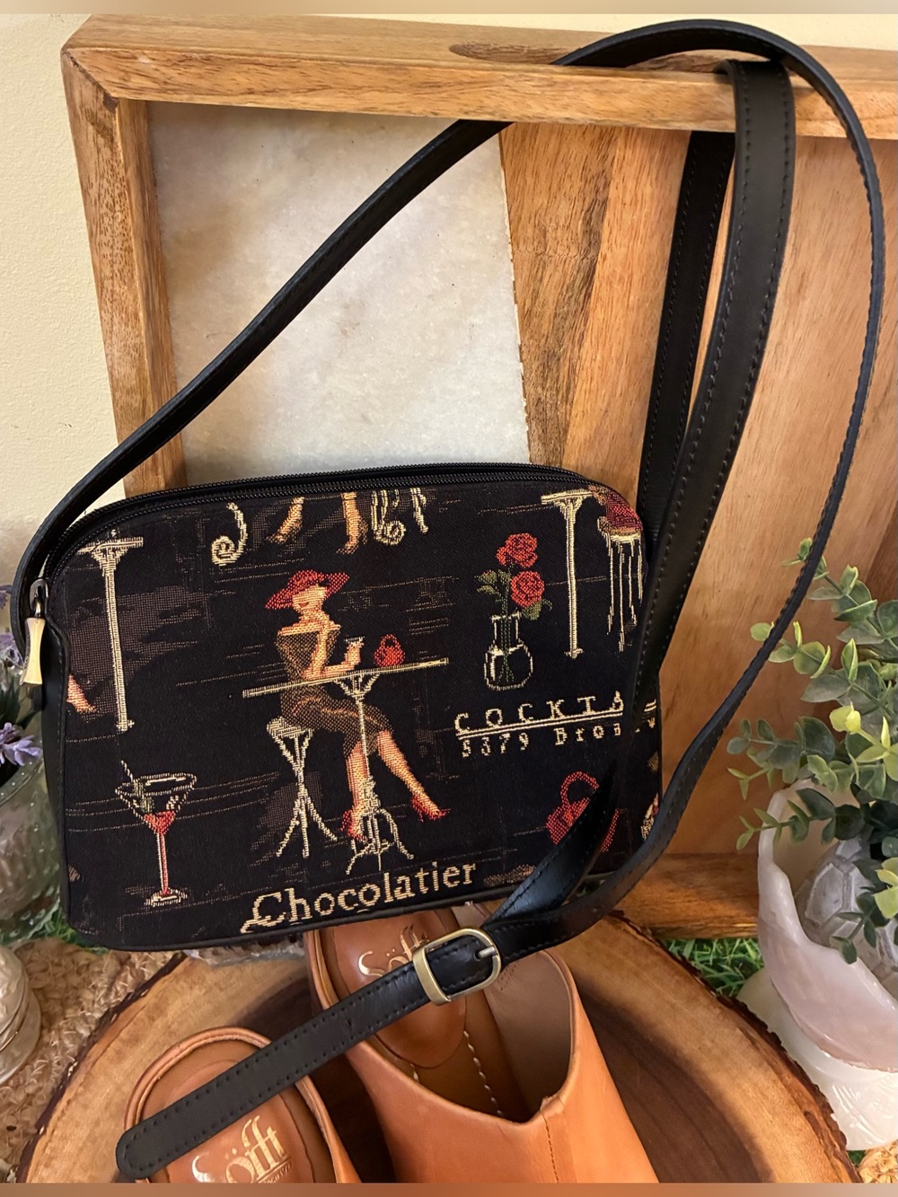 Royal Tapisserie Black Crossbody Bag with Red and Gold Accents